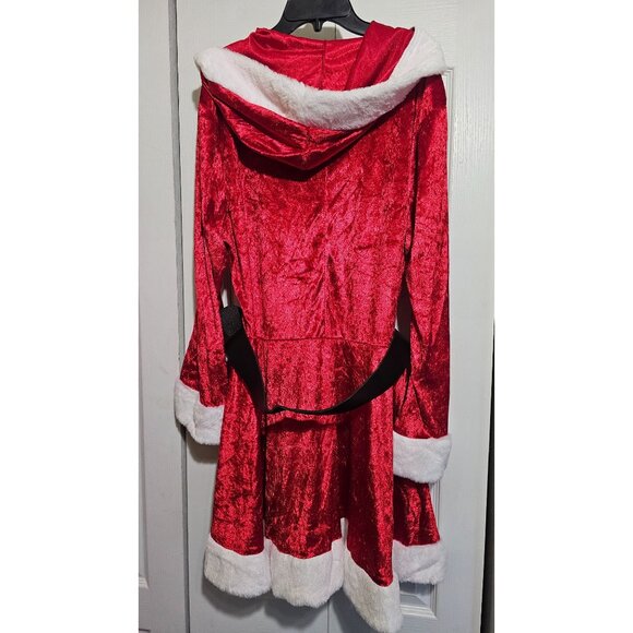 Sassy Santa Plus Costume Mrs Claus Hooded Dress Faux Fur Boot Toppers Christmas - Picture 4 of 6